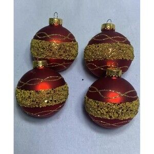 4 Vintage Unique Treasures Red Glass Christmas Ornaments W/ Gold Glitter  3"